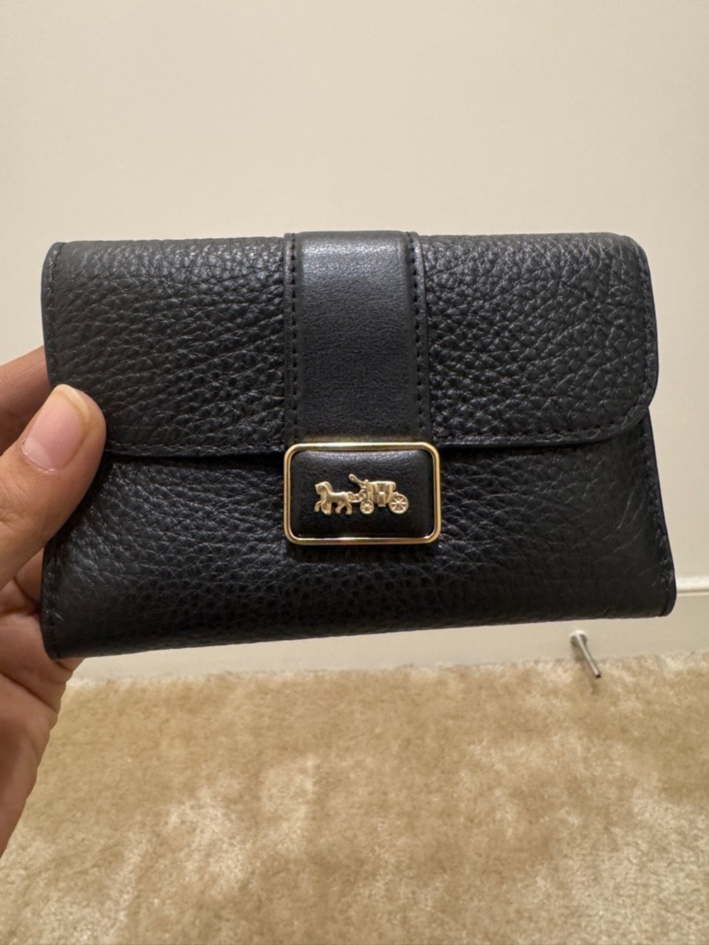 Coach Black Pebbled Leather Wallet with Gold Horse & Carriage Plaque